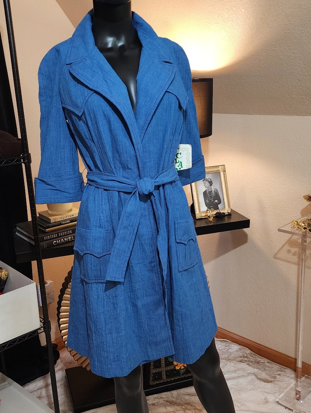90s Vintage Blue Open Front Belted Trench Coat Jacket Medium NWT